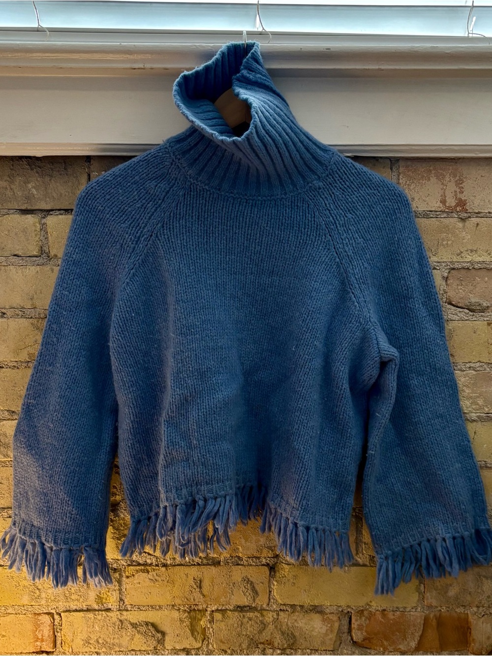 Tory Burch Wool Alpaca Blend Blue Fringe-Hem Turtleneck Sweater